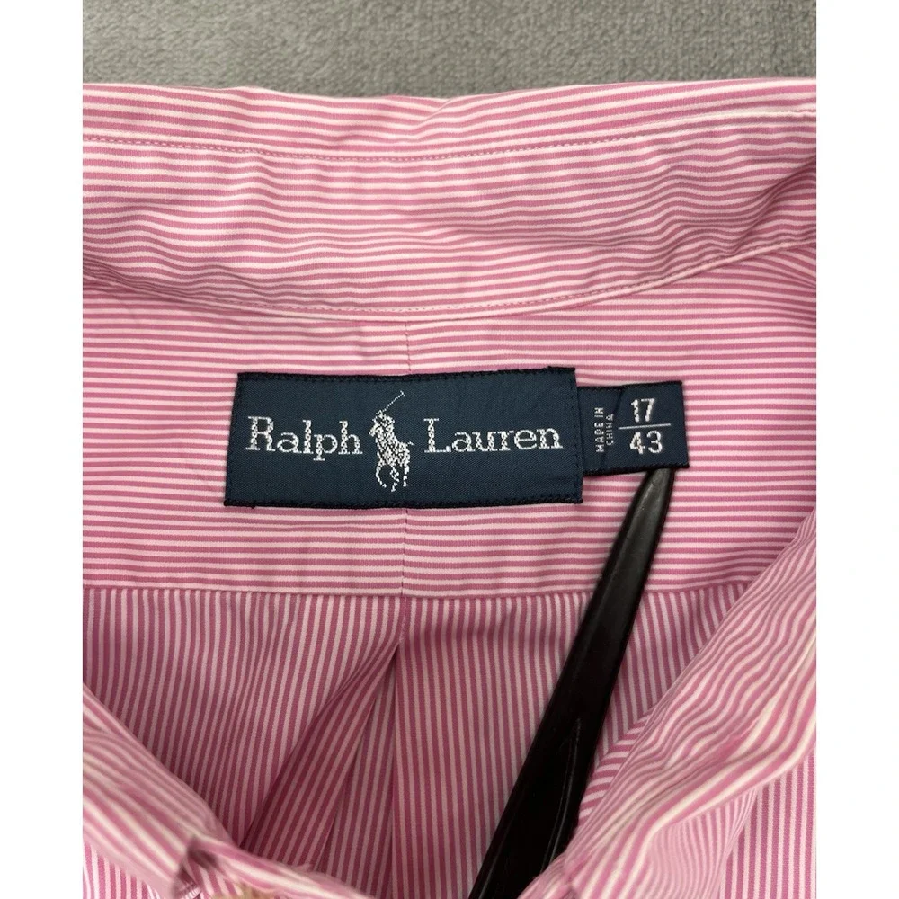 Polo Ralph Lauren Shirt Men 17/43 Pink Striped Back Pleat Button Up Long Sleeve